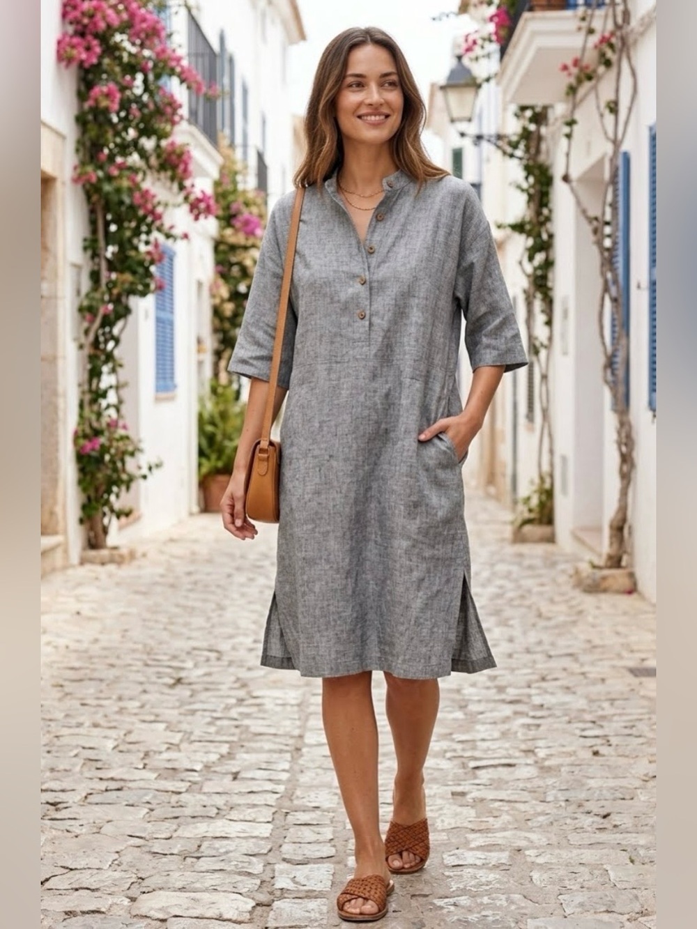 Vikolino Weekend Linen Tunic Shirt Dress in Heather Gray Sz M/L - Picture 2 of 9